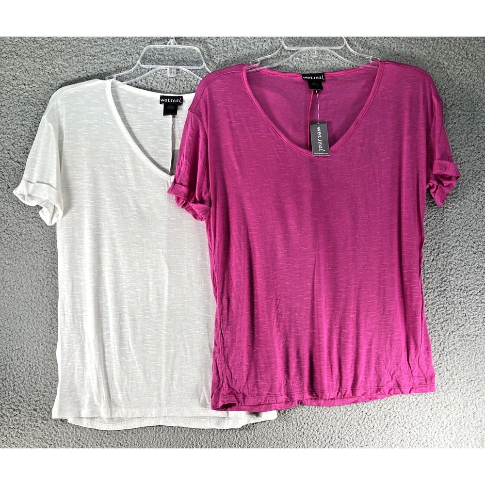 Wet Seal Juniors Tops Small Lot of 2 White/Pink V‎ Neck Short Sleeve Semi Sheer